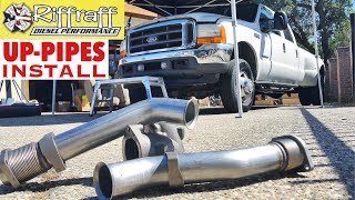 2001 F350 73  RiffRaff UpPipes Install  Stock up pipes leaking and falling apart JUNK SP [upl. by Sik651]